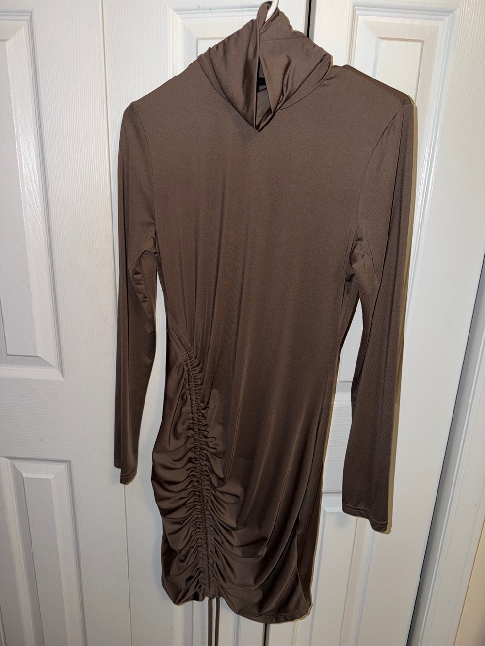 SHEIN Brown Long-Sleeve Ruched Turtleneck Dress